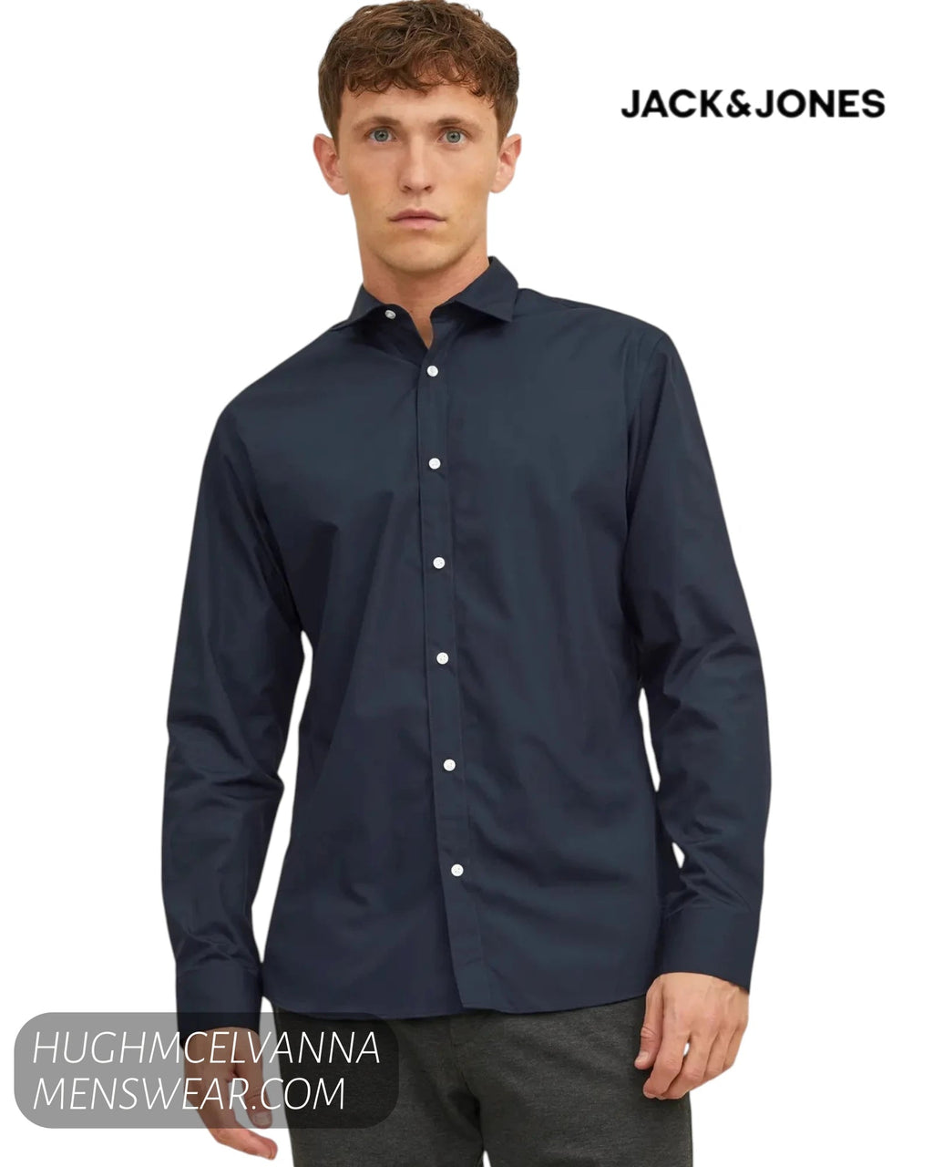 Jack & Jones Slim Fit Navy Poplin Dress Shirt - Hugh McElvanna Menswear