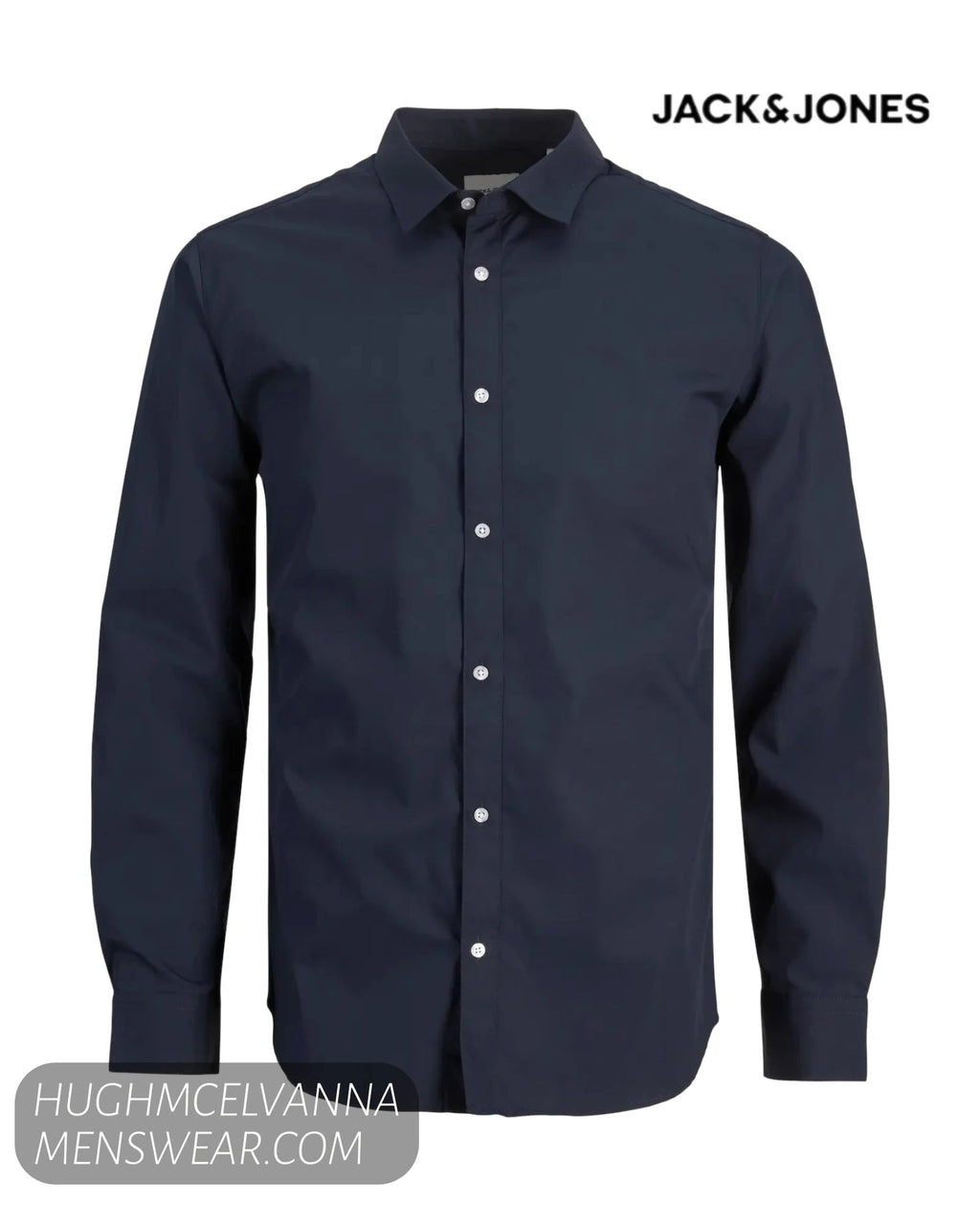 Jack & Jones slim fit navy poplin long sleeve casual shirt for men featuring a classic collar and white buttons.