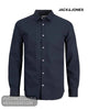 Jack & Jones slim fit navy poplin long sleeve casual shirt for men featuring a classic collar and white buttons.