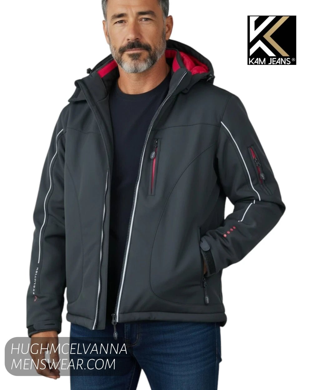 Kam Jeans KV59 Black Coat with Removable Hood - Hugh McElvanna Menswear - Coats