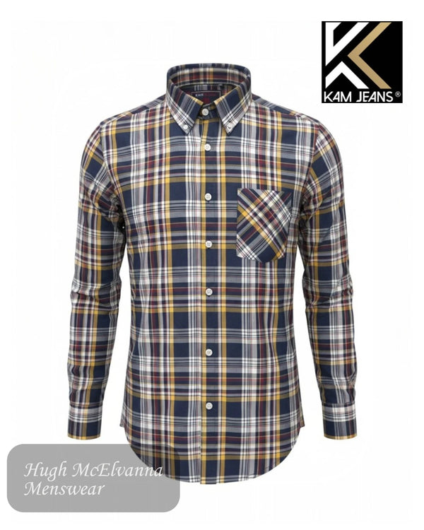 Kam Jeans Navy Check Long Sleeve Shirt (King Size) - KBS6208LS - Hugh McElvanna Menswear