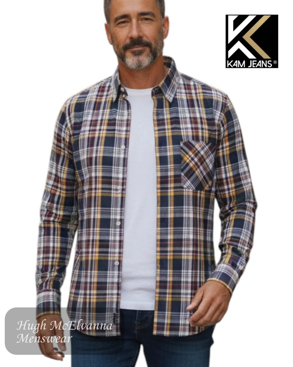 Kam Jeans Navy Check Long Sleeve Shirt (King Size) - KBS6208LS - Hugh McElvanna Menswear