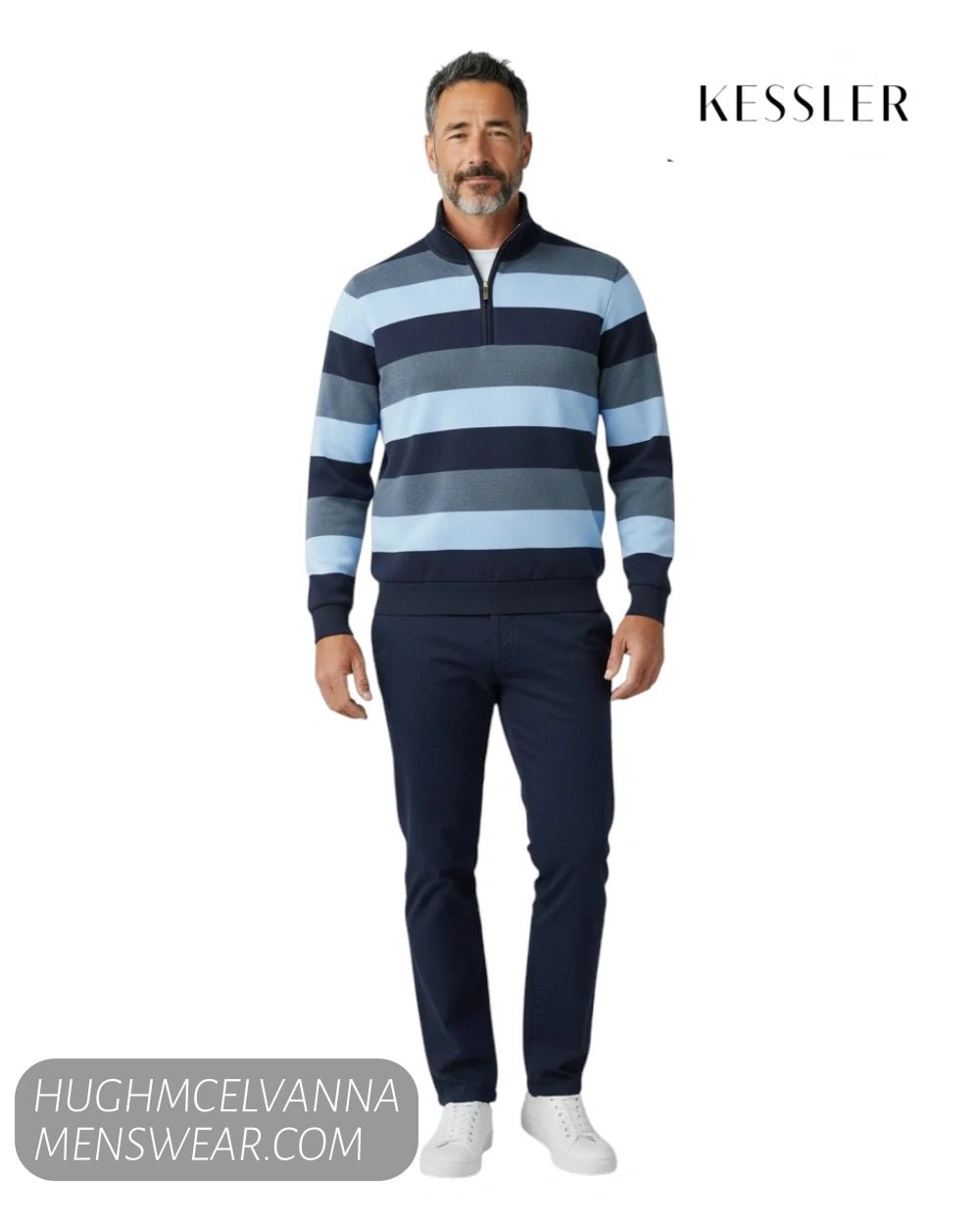 Kessler Quarter Zip Sweatshirt Blue Stripe 25WERAYSR - Hugh McElvanna Menswear - Quarter Zip