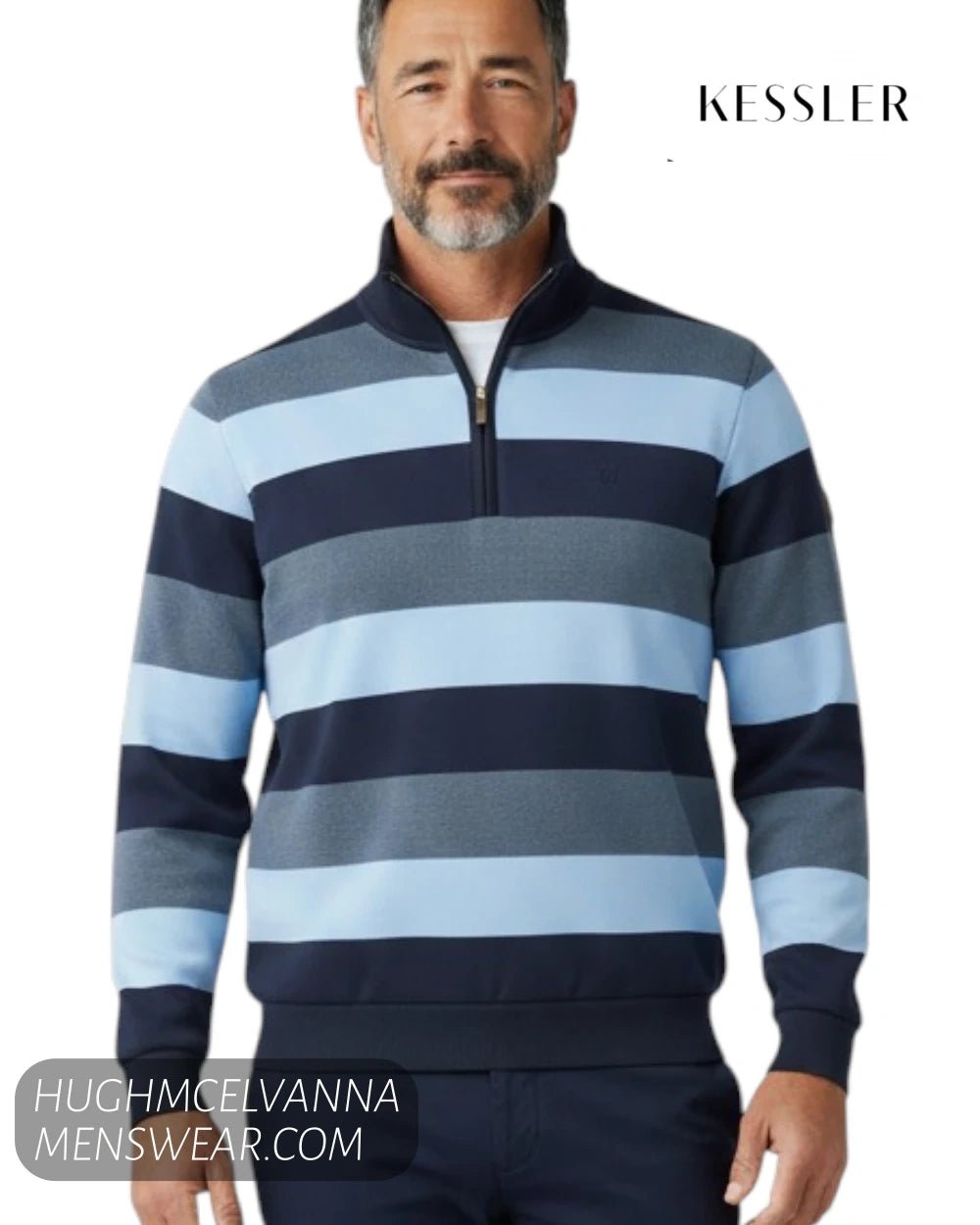 Kessler Quarter Zip Sweatshirt Blue Stripe 25WERAYSR - Hugh McElvanna Menswear - Quarter Zip