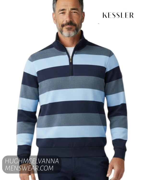 Kessler Quarter Zip Sweatshirt Blue Stripe 25WERAYSR - Hugh McElvanna Menswear - Quarter Zip