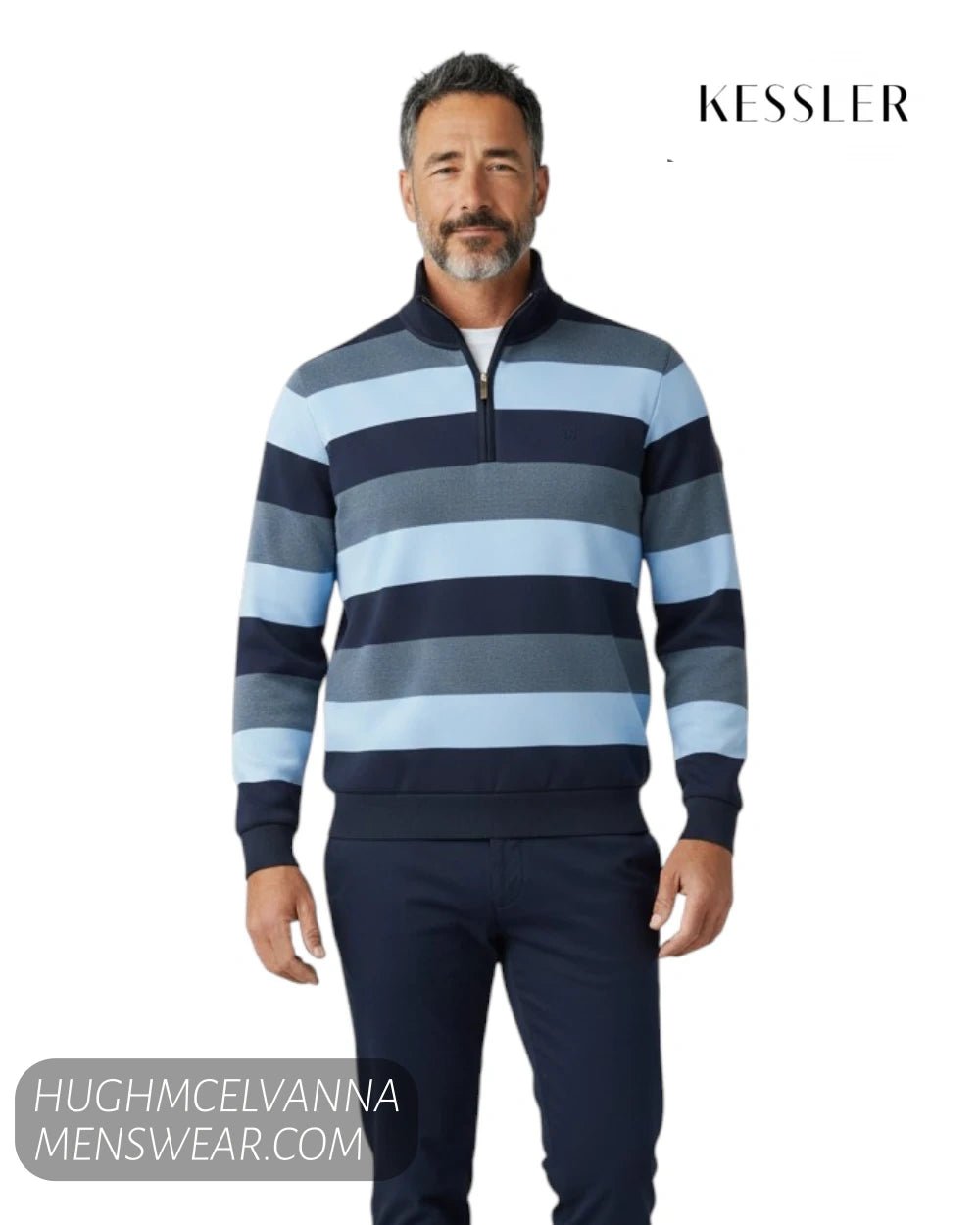 Kessler Quarter Zip Sweatshirt Blue Stripe 25WERAYSR - Hugh McElvanna Menswear - Quarter Zip