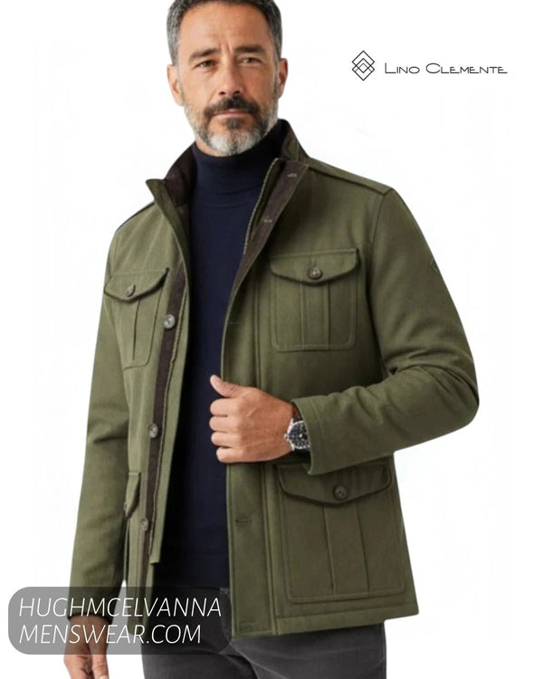 Close up front view of model wearing Lino Clemente LIRA green short jacket showing four flap pockets and stand collar