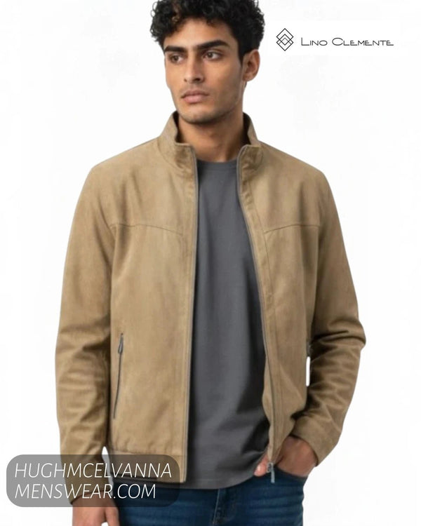 Close up front view of model wearing Lino Clemente URAL tan faux suede jacket