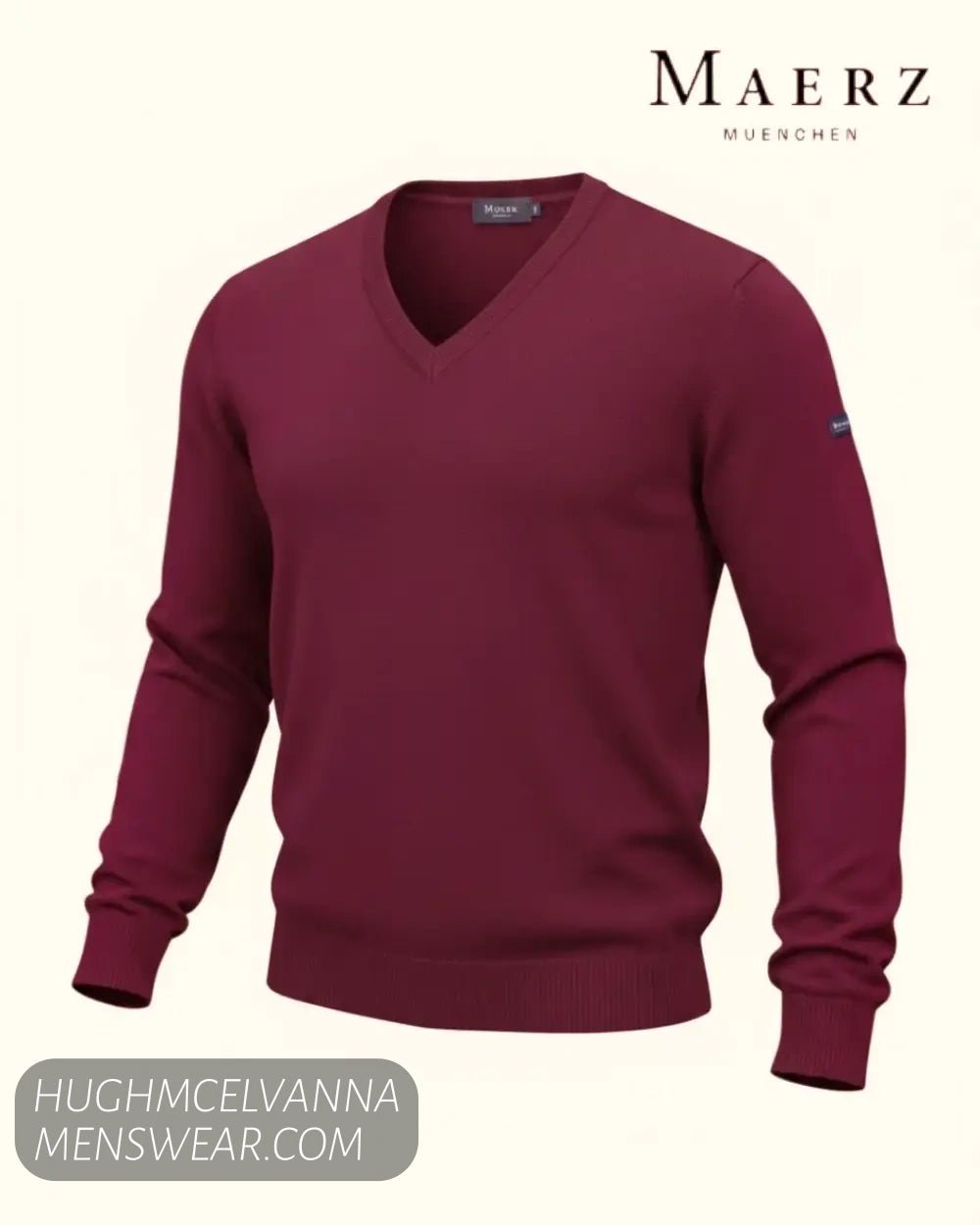 Studio ghost view of Maerz 490400 wine 497 extra fine merino wool V neck pullover