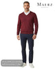 Full length model view wearing Maerz 490400 wine merino wool V neck jumper with white shirt and navy chinos