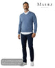 Full length model view wearing Maerz 490400 blue merino wool V neck jumper with white shirt and navy chinos