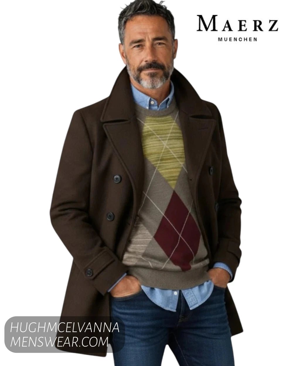 Mid shot of male model wearing Maerz Muenchen taupe argyle crew neck jumper layered under dark brown wool peacoat and blue denim jeans