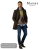 Full length model view wearing Maerz Muenchen argyle knit jumper with dark brown wool overcoat, blue jeans, and brown suede boots