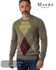 Close up front view of male model wearing Maerz Muenchen taupe argyle patterned crew neck jumper with lime, olive, and burgundy diamond intarsia