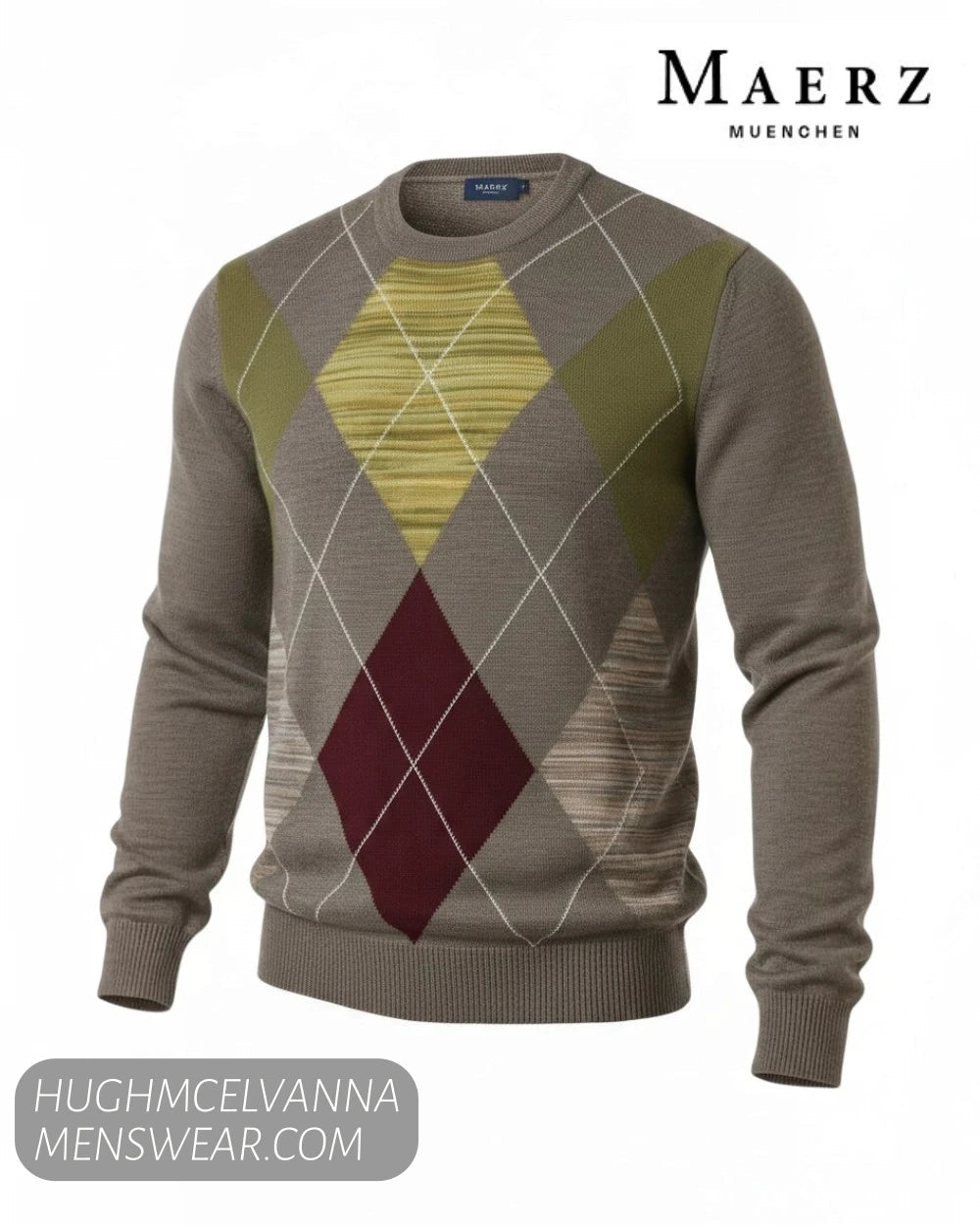 Studio ghost mannequin display of Maerz Muenchen men's taupe pure wool argyle crew neck jumper showing multi-coloured front knit pattern