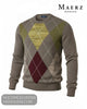 Studio ghost mannequin display of Maerz Muenchen men's taupe pure wool argyle crew neck jumper showing multi-coloured front knit pattern