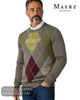 Three-quarter portrait of model wearing Maerz Muenchen taupe argyle crew neck knitwear over white shirt with hand in denim jean pocket