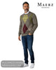 Full length studio model shot wearing Maerz Muenchen taupe diamond argyle crew neck sweater with collared shirt, slim jeans, and white trainers