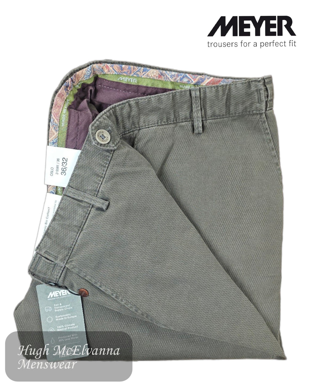 Meyer OSLO 5581/36 Trouser – Stretch Waist Diamond Weave Mud Green Trouser - Hugh McElvanna Menswear