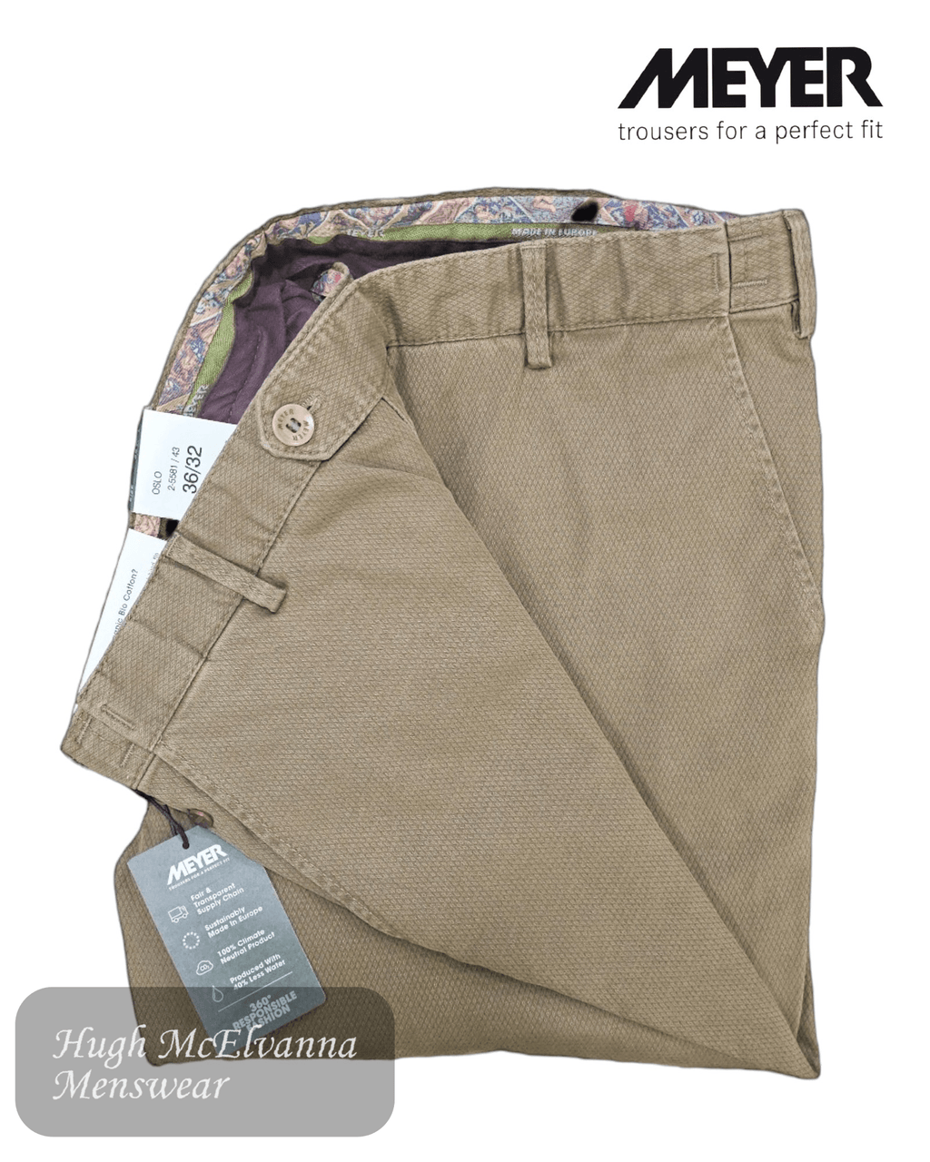 Meyer OSLO 5581/43 Trouser – Stretch Waist Diamond Weave Beige Trouser - Hugh McElvanna Menswear