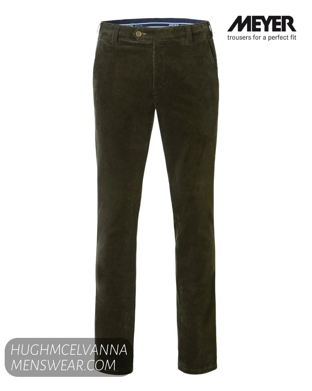 Ghost mannequin studio display of Meyer Roma olive green corduroy trousers showing button waist and belt loops