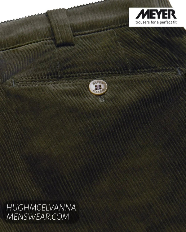 Close up view of rear welt pocket with engraved button on Meyer olive green corduroy cloth