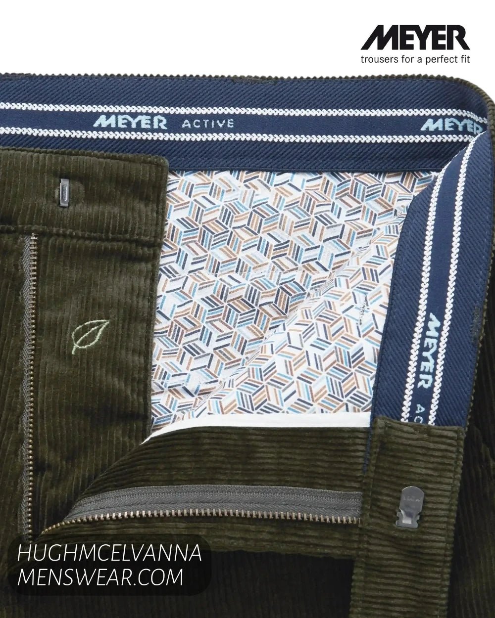 Inside waistband detail of Meyer Roma 3708/29 cord trousers showing Active Flex elastic and geometric pocket lining