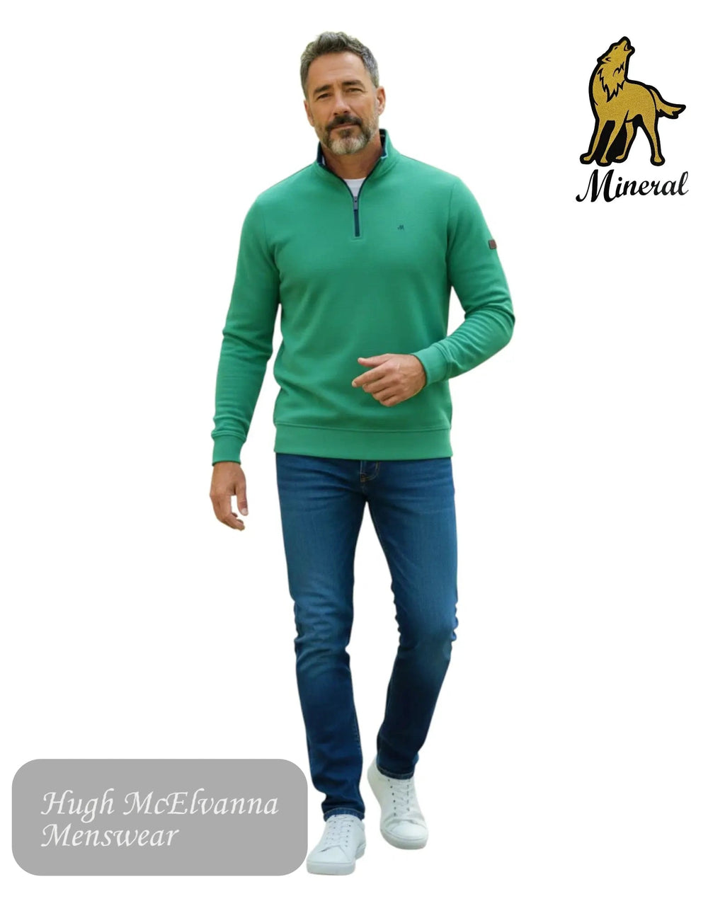 Mineral Brendan Quarter Zip Sweatshirt in Green - Hugh McElvanna Menswear