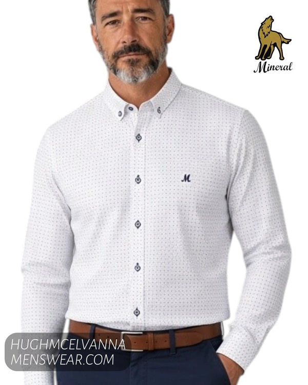 Mineral MARLEY White and Tan Design Long Sleeve Shirt - Hugh McElvanna Menswear - Shirt