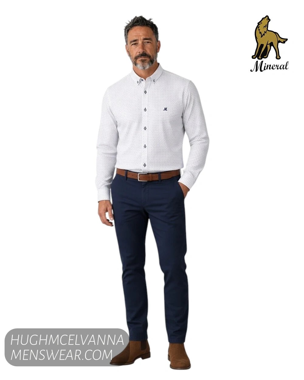 Mineral MARLEY White and Tan Design Long Sleeve Shirt - Hugh McElvanna Menswear - Shirt