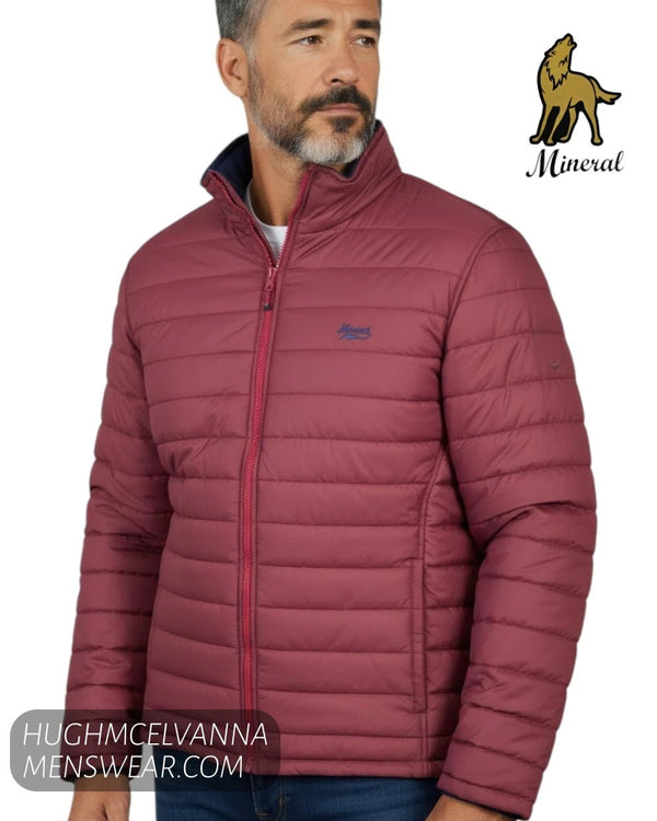 Mineral Maroon Puffer Jacket with Navy Fleece Lining - Hugh McElvanna Menswear - Coats