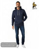 Full length studio model shot wearing Mineral TYSON navy stretch hoodie with dark blue jeans and white trainers