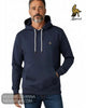 Close up front view of model wearing Mineral TYSON navy lightweight hoody showing white drawcords and embroidered wolf logo