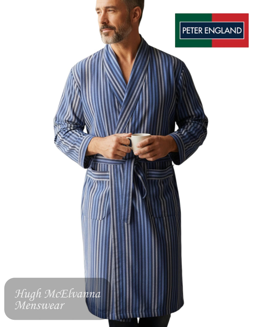 Peter England stripe dressing gown worn by a model