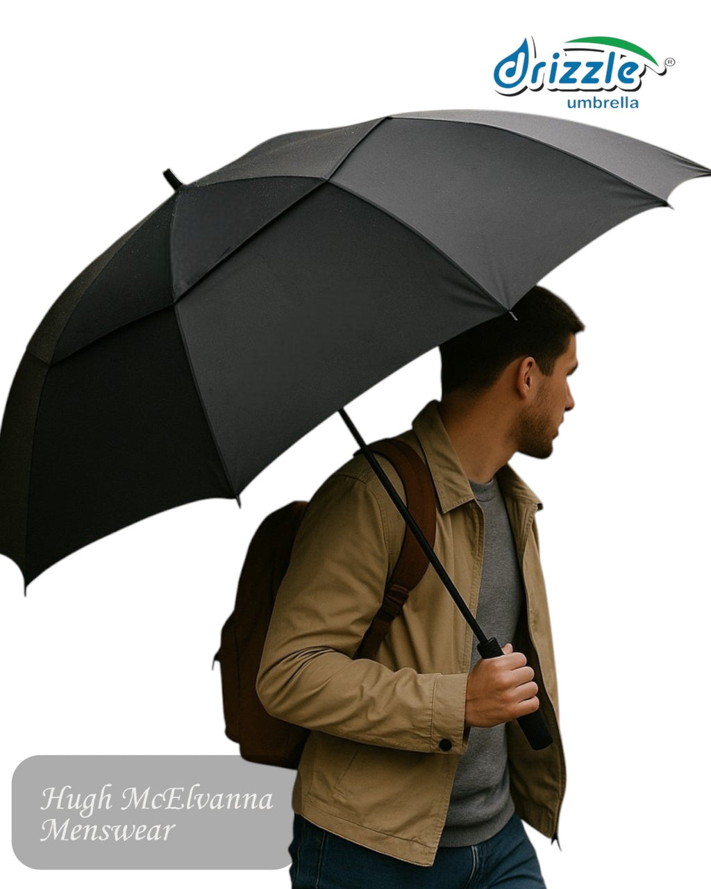 Plain Black Windproof Golf Umbrella - Hugh McElvanna Menswear