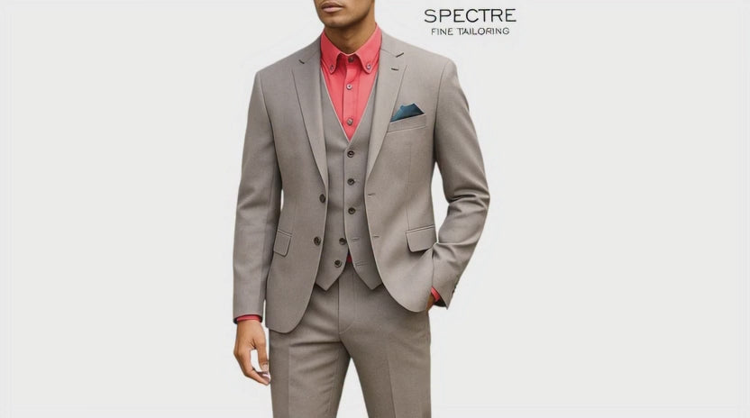Spectre grey branson suit worn by a model