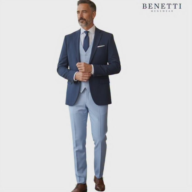 Benetti Albert Sky suit with a navy suit jacket