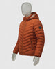 Portrait close up view of model wearing Sea Barrier FLORIANO copper puffer jacket with hood and zipped chest pocket shown in a video