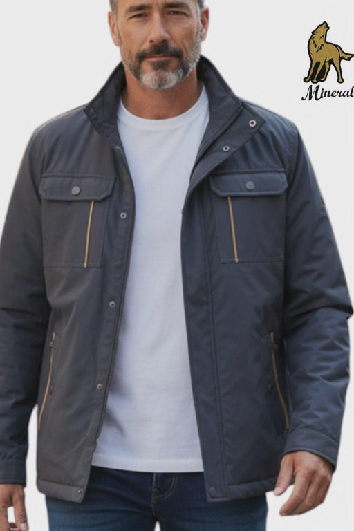 M.ineral Navy NAPPA casual jacket worn by a model.
