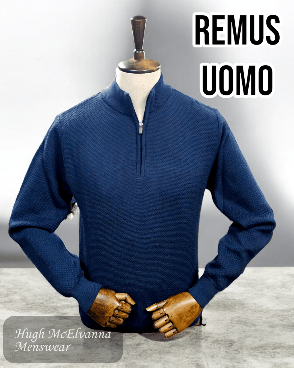 Remus Uomo Indigo Quarter Zip Pullover 58666/28 - Hugh McElvanna Menswear