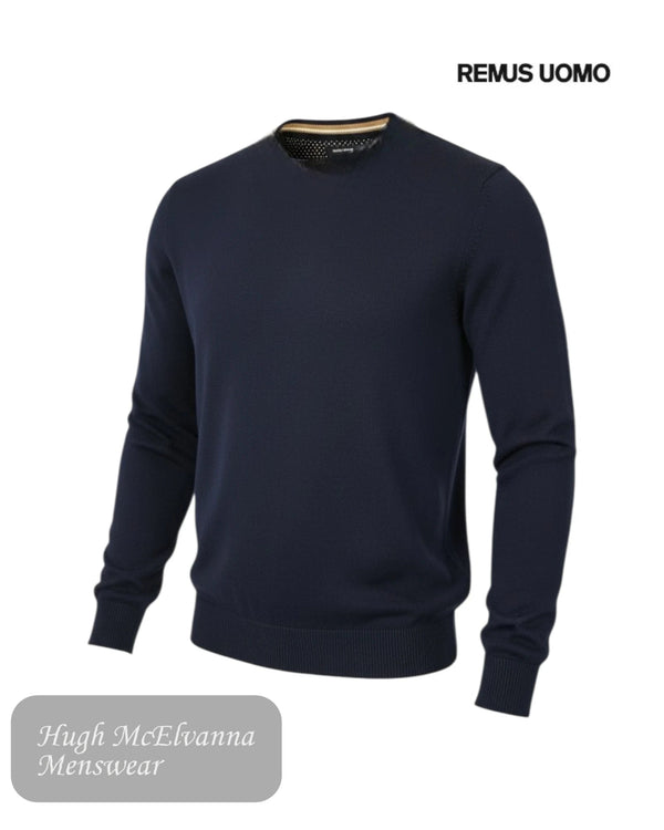 Remus Uomo Navy Cotton Crew Neck Sweater | 58600/78 - Hugh McElvanna Menswear