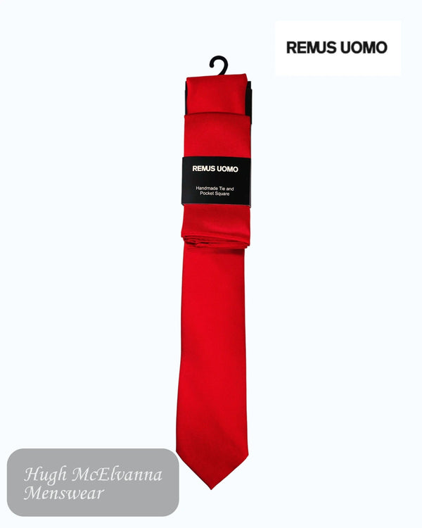 Remus Uomo Red Satin Tie and Pocket Square Set - Hugh McElvanna Menswear