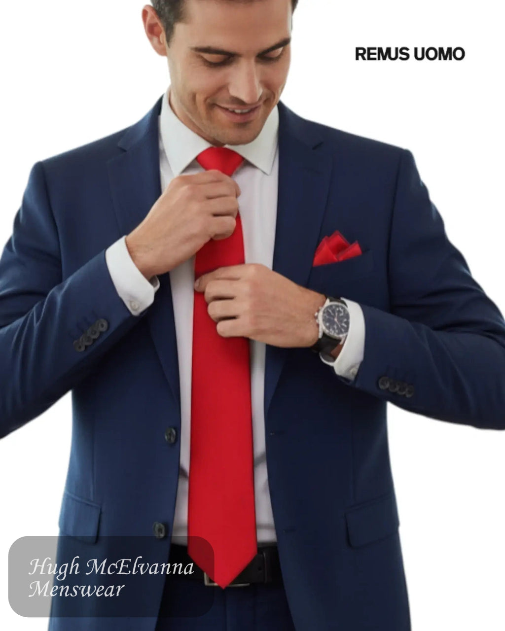 Remus Uomo Red Satin Tie and Pocket Square Set - Hugh McElvanna Menswear
