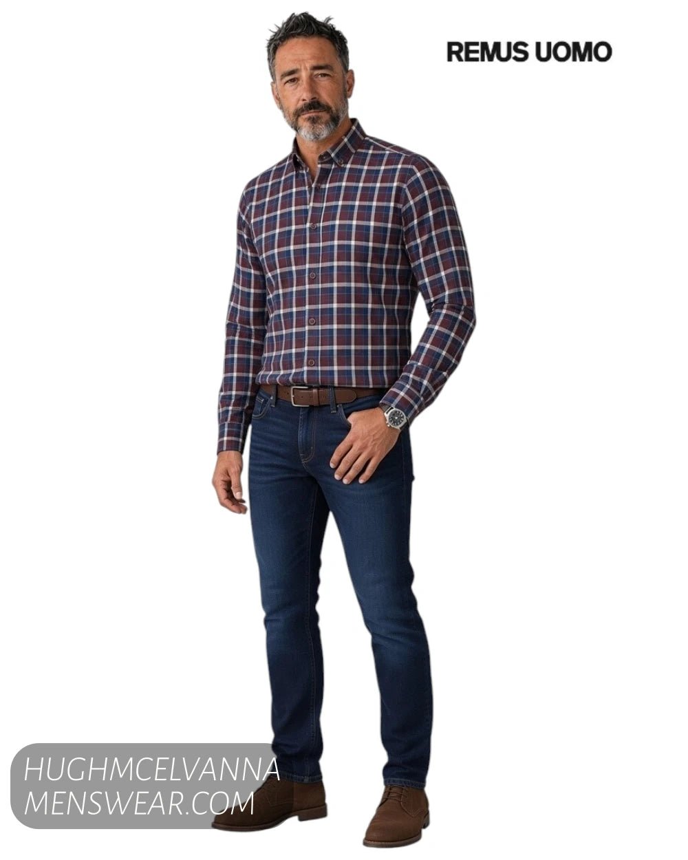 Full length model view wearing Remus Uomo slim fit check shirt tucked into dark blue jeans with brown belt and suede shoes