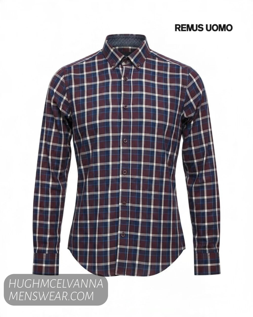 Ghost mannequin studio display of Remus Uomo 13580/67 long sleeve burgundy check shirt with button-down collar