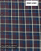Close up detail of Remus Uomo 13580/67 shirt fabric showing burgundy, navy, and ecru check pattern with branded buttons
