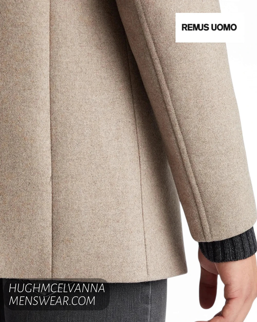 Close up detail of cuff sleeve and lower hem seam on Remus Uomo taupe wool Jonah tailored coat