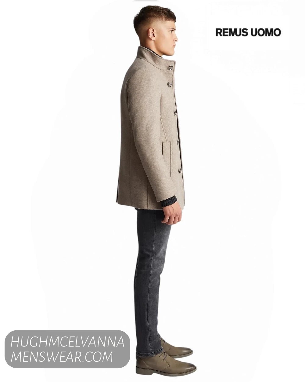 Side profile model view of Remus Uomo Jonah tapered fit wool-blend overcoat in taupe fawn