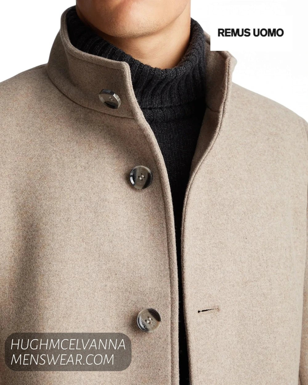 Detailed view of stand collar and engraved horn buttons on Remus Uomo fawn wool coat