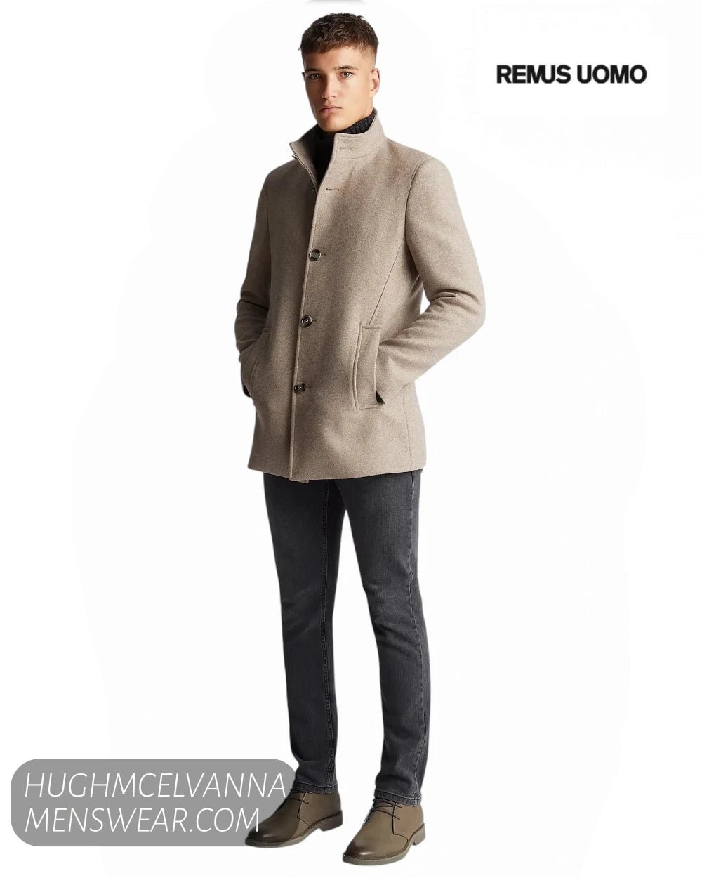 Full length studio model shot wearing Remus Uomo taupe Jonah coat with roll neck jumper and grey jeans